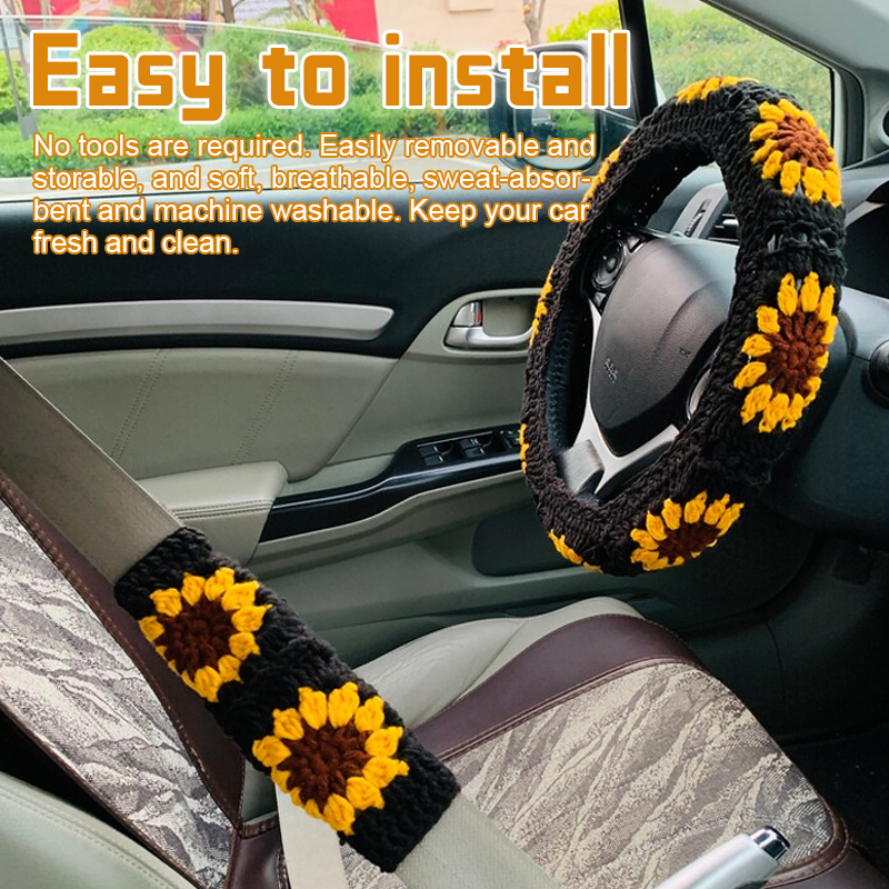 Hand-knitted Floral Steering Wheel Cover