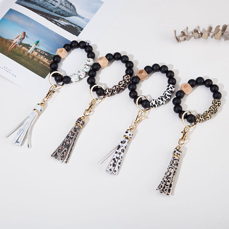 Leopard Print Silicone Bead Bracelet Keychain