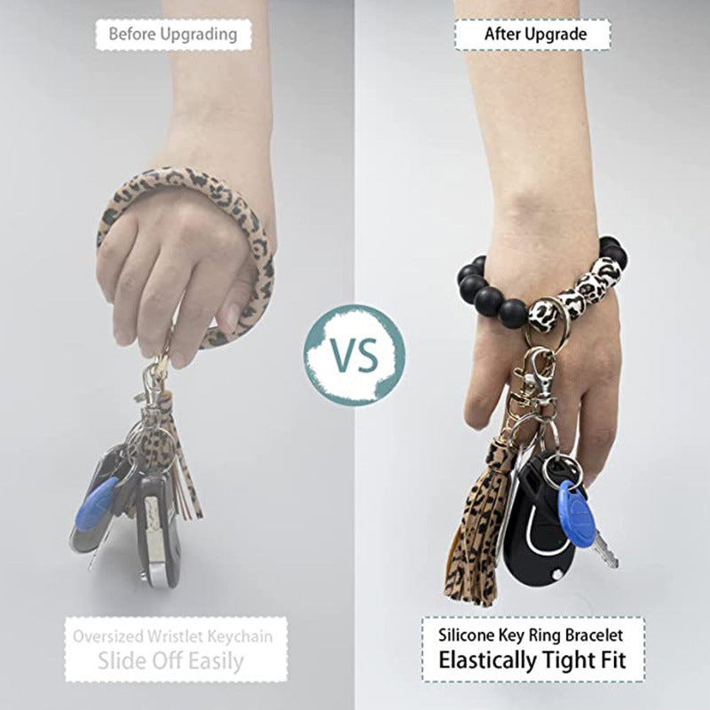 Leopard Print Silicone Bead Bracelet Keychain