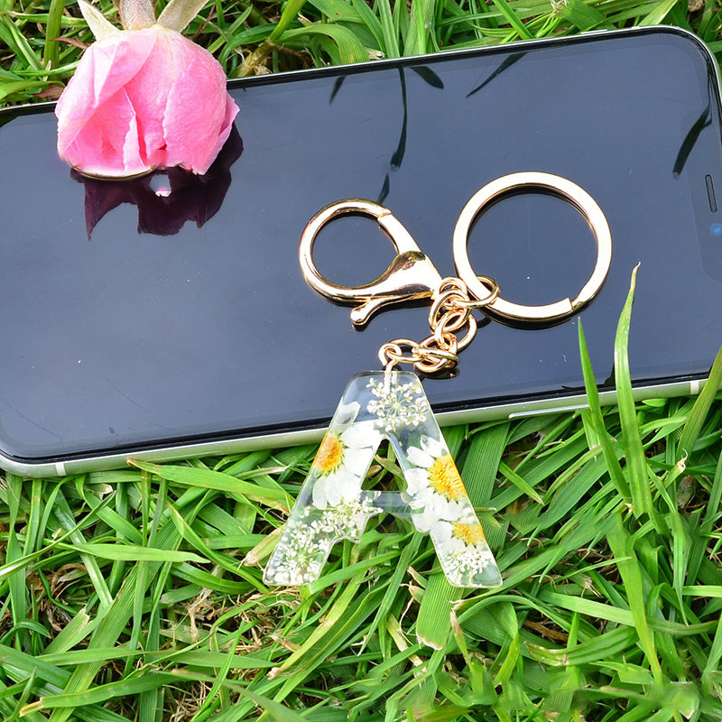 Crystal Epoxy Daisy Alphabet Keychain