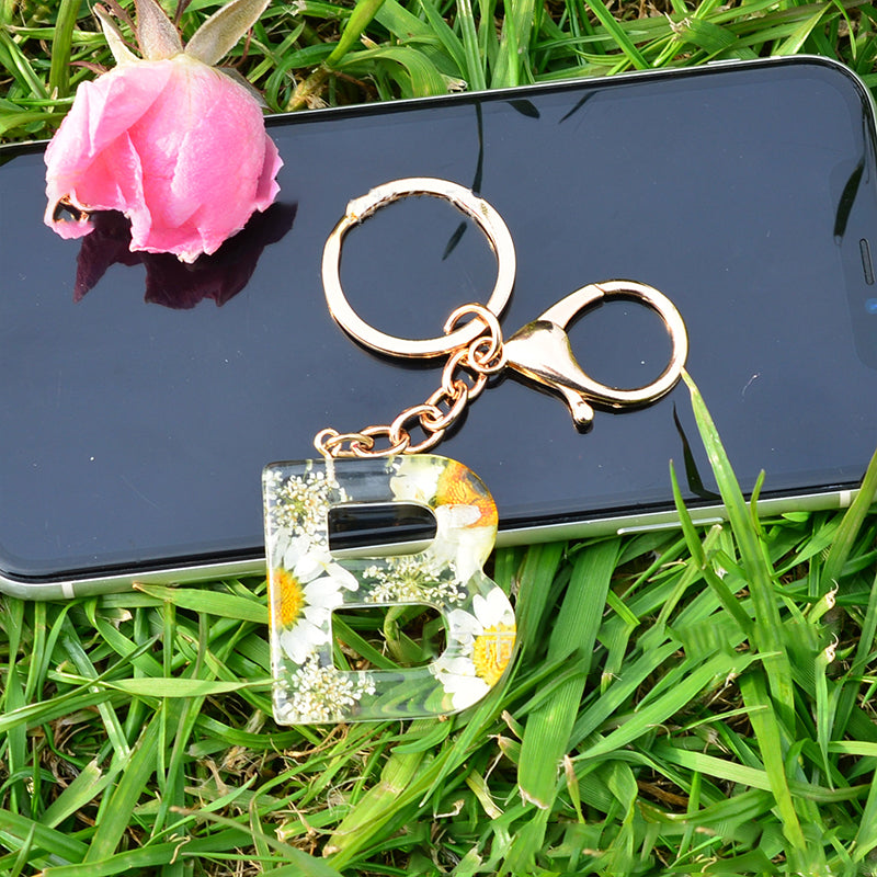 Crystal Epoxy Daisy Alphabet Keychain