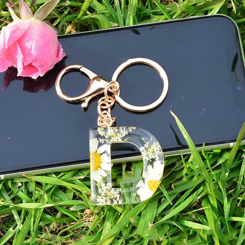 Crystal Epoxy Daisy Alphabet Keychain