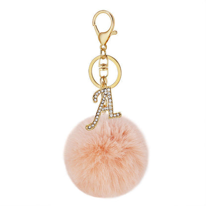 Pink Wool Ball Pendant Diamond Letter Keychain