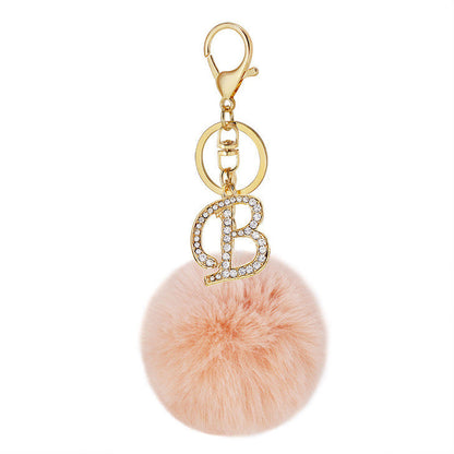 Pink Wool Ball Pendant Diamond Letter Keychain