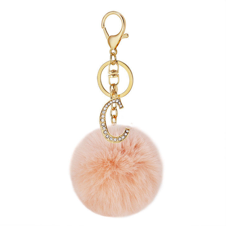 Pink Wool Ball Pendant Diamond Letter Keychain