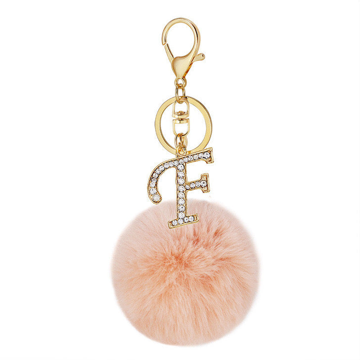 Pink Wool Ball Pendant Diamond Letter Keychain