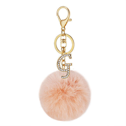 Pink Wool Ball Pendant Diamond Letter Keychain