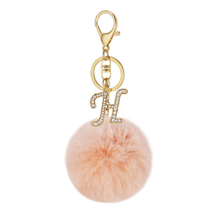 Pink Wool Ball Pendant Diamond Letter Keychain