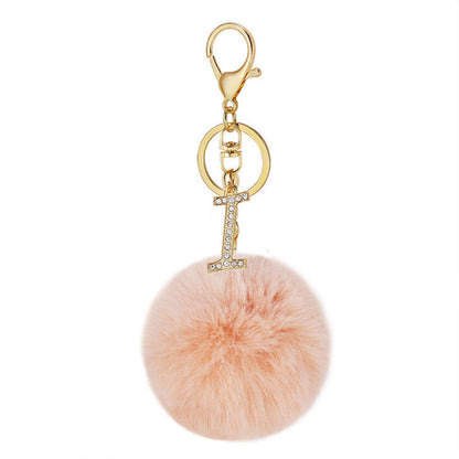 Pink Wool Ball Pendant Diamond Letter Keychain