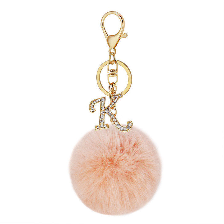 Pink Wool Ball Pendant Diamond Letter Keychain