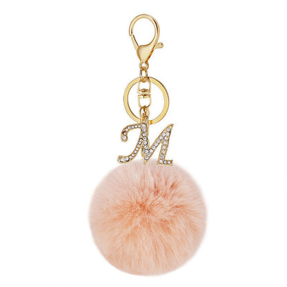 Pink Wool Ball Pendant Diamond Letter Keychain
