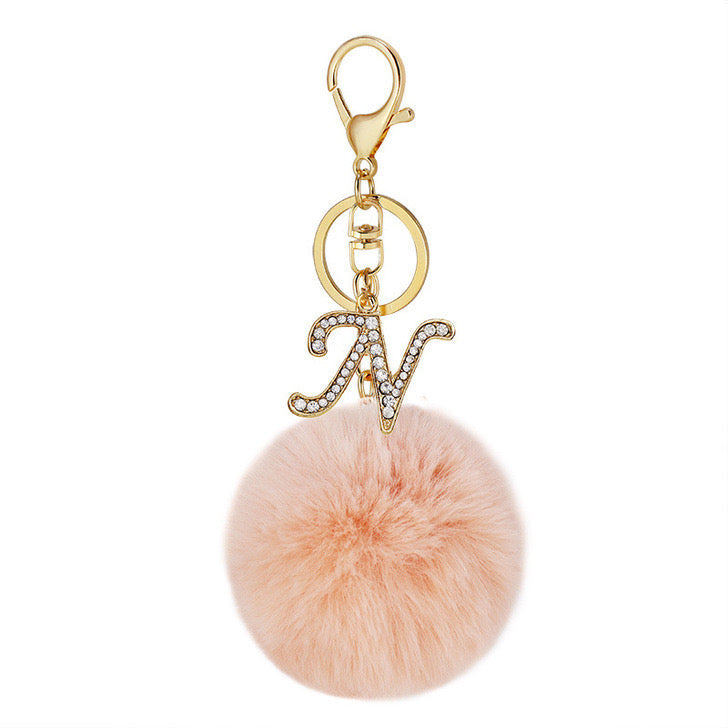 Pink Wool Ball Pendant Diamond Letter Keychain