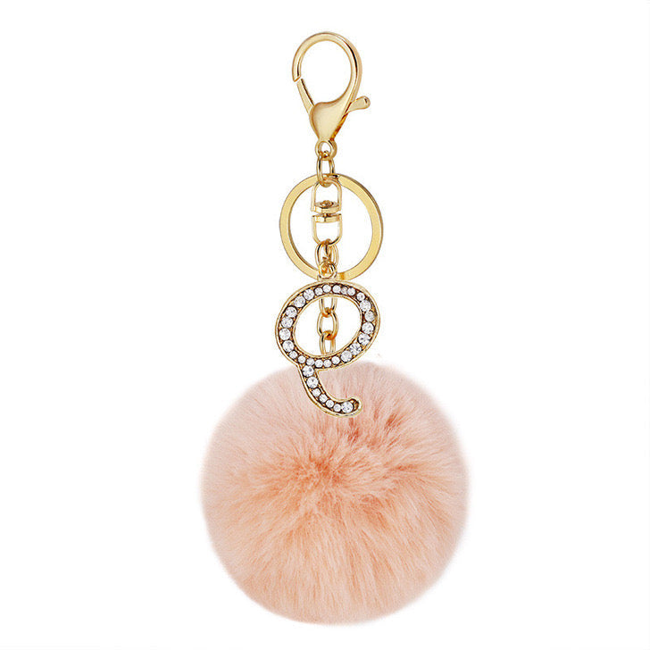 Pink Wool Ball Pendant Diamond Letter Keychain