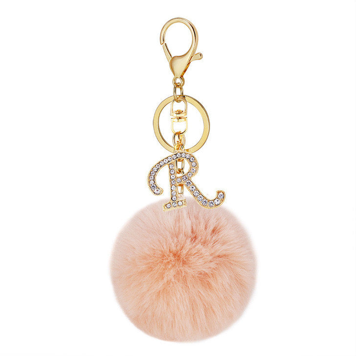 Pink Wool Ball Pendant Diamond Letter Keychain