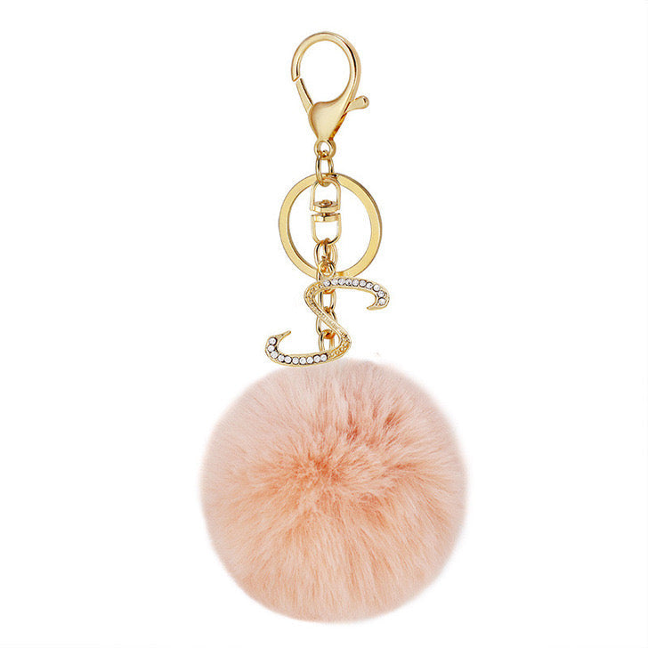 Pink Wool Ball Pendant Diamond Letter Keychain