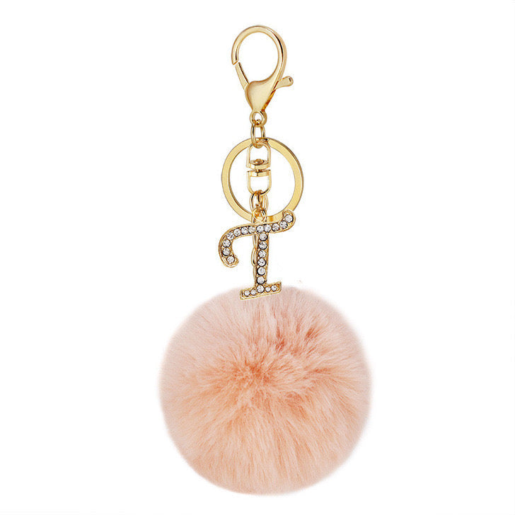 Pink Wool Ball Pendant Diamond Letter Keychain