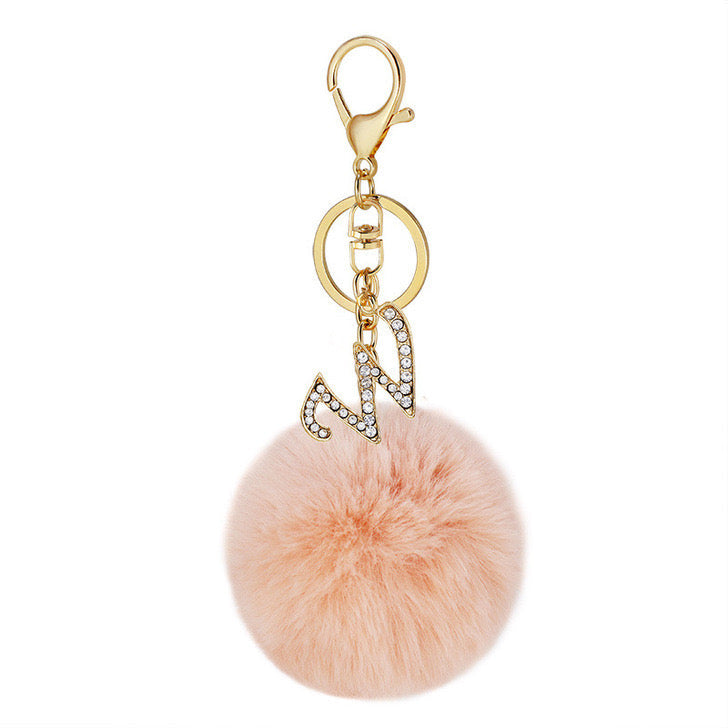 Pink Wool Ball Pendant Diamond Letter Keychain