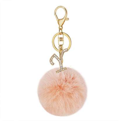 Pink Wool Ball Pendant Diamond Letter Keychain