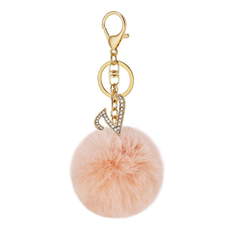 Pink Wool Ball Pendant Diamond Letter Keychain