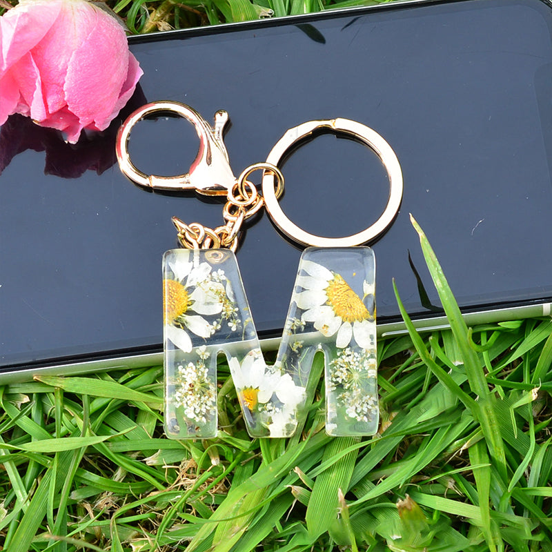 Crystal Epoxy Daisy Alphabet Keychain