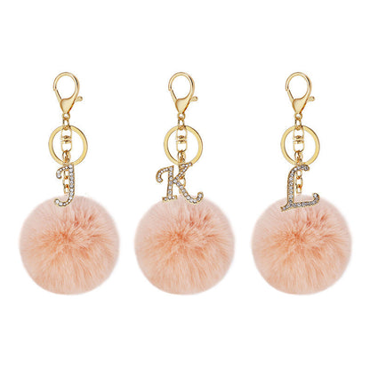 Pink Wool Ball Pendant Diamond Letter Keychain