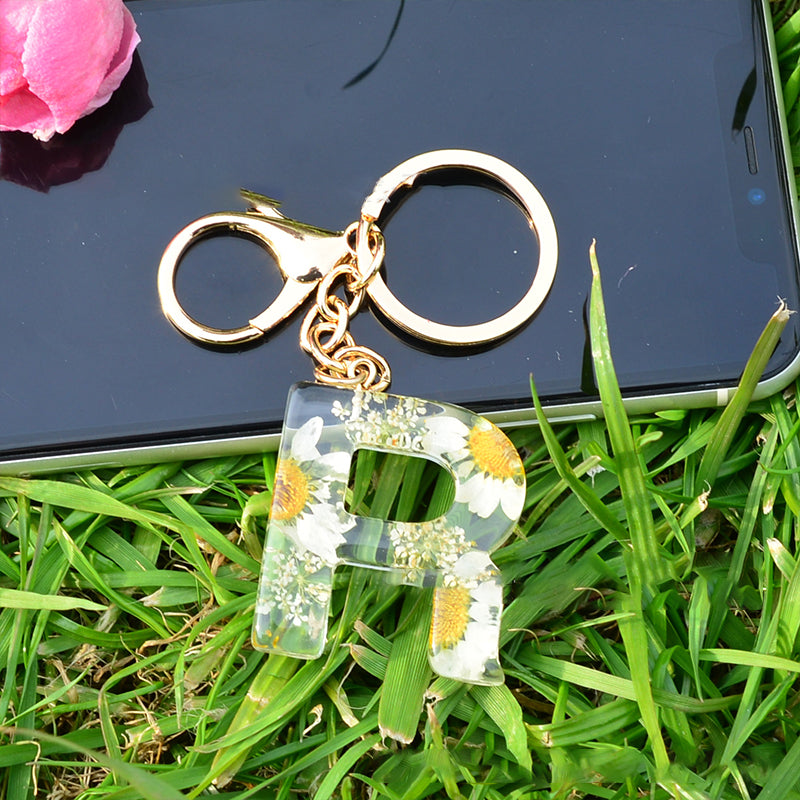 Crystal Epoxy Daisy Alphabet Keychain