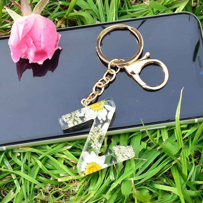 Crystal Epoxy Daisy Alphabet Keychain